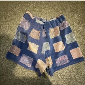 1980s custom one of one upcycled blue purple pink towel terry patterned shorts